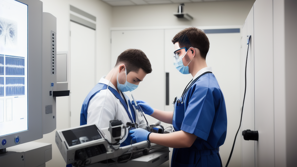 Technician repairing X-ray imaging equipment